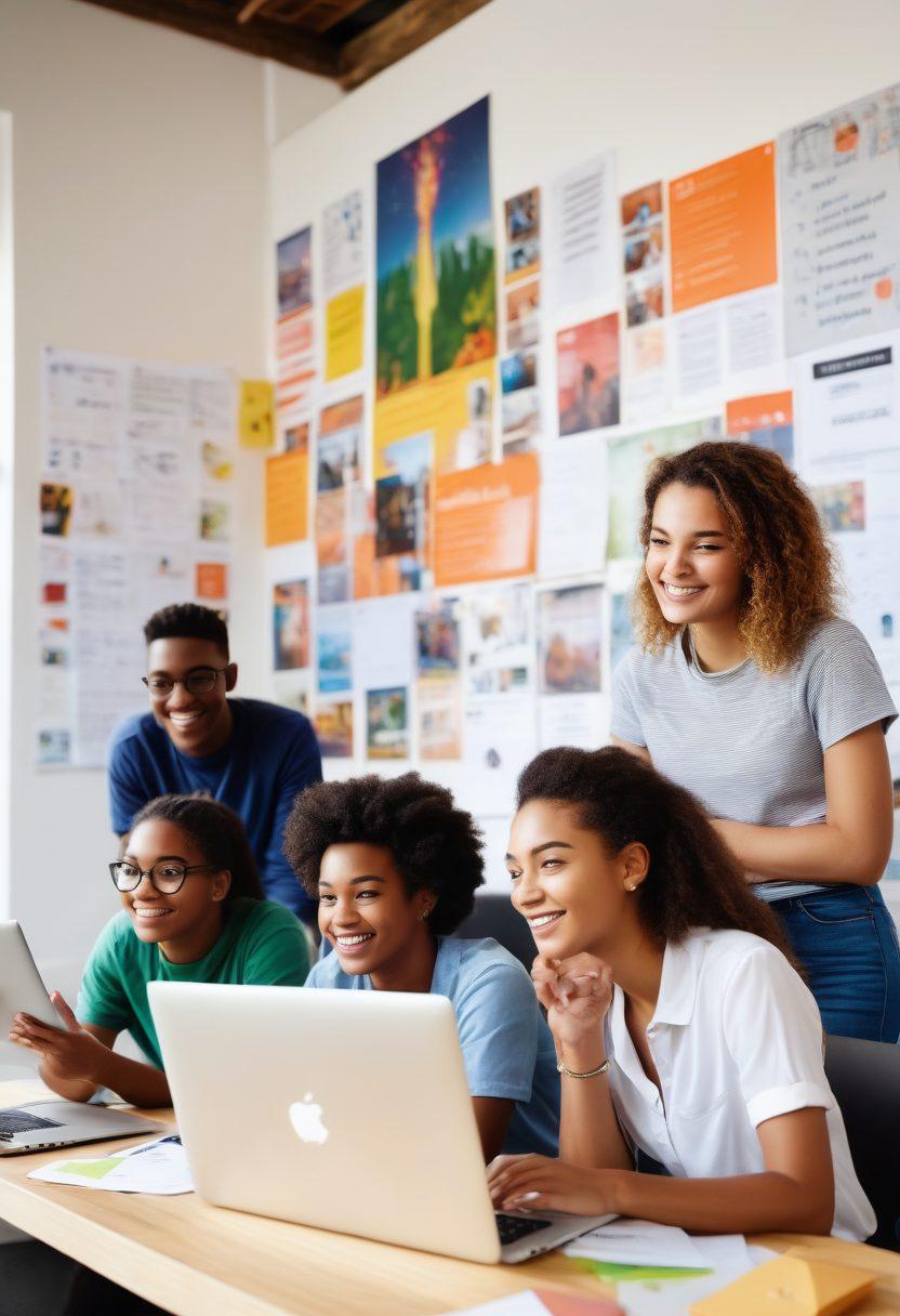 A diverse group of enthusiastic teenagers engaged in a dynamic internship environment, collaborating over laptops and colorful projects. Include a cheerful mentor guiding them, surrounded by posters of career paths and inspiring quotes on the walls. Show a bright and open workspace infused with natural light, symbolizing growth and opportunity. Vibrant colors. modern design. super-realistic.