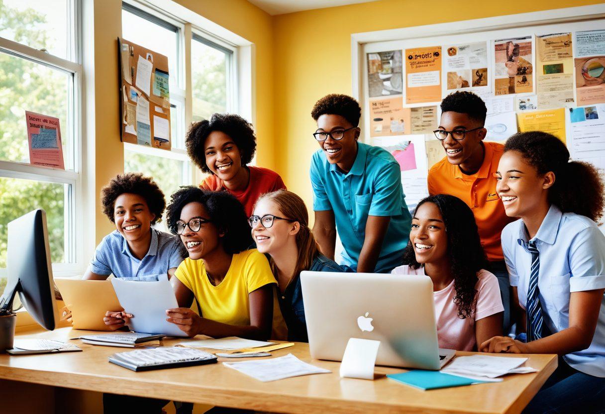 A diverse group of enthusiastic teenagers gathered around a computer, excitedly browsing job openings and internship opportunities. In the background, colorful summer graphics with icons of various professions like a scientist, artist, and athlete. Natural sunlight streaming in through a window, creating an inviting atmosphere. A corkboard filled with flyers and tips about job hunting. vibrant colors. modern illustration style.